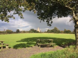 photo of field with tree, table and sugar loaf folly in background