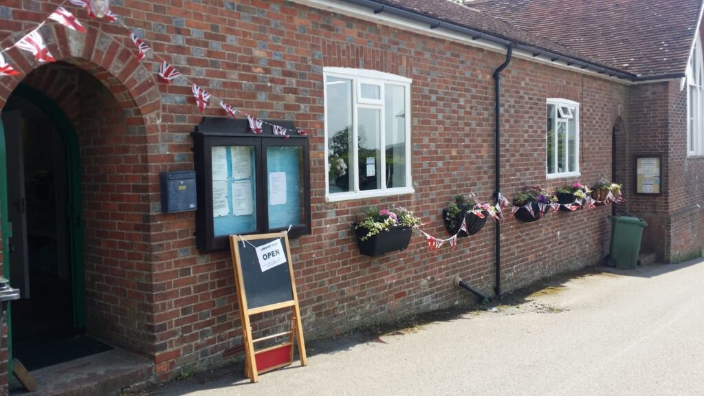 Exterior of hall with bunting